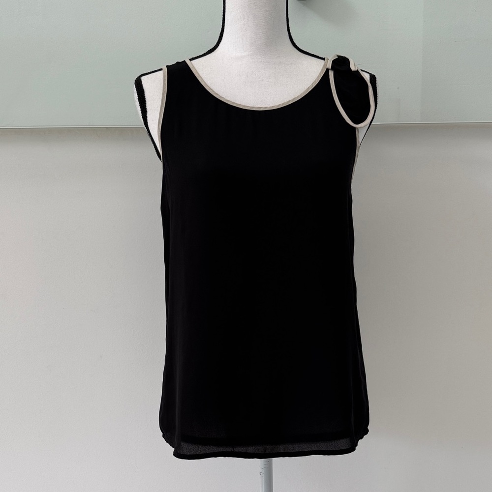 Mango Sleeveless Blouse | XS | Black with Beige Trim | Bow Shoulder Detail
